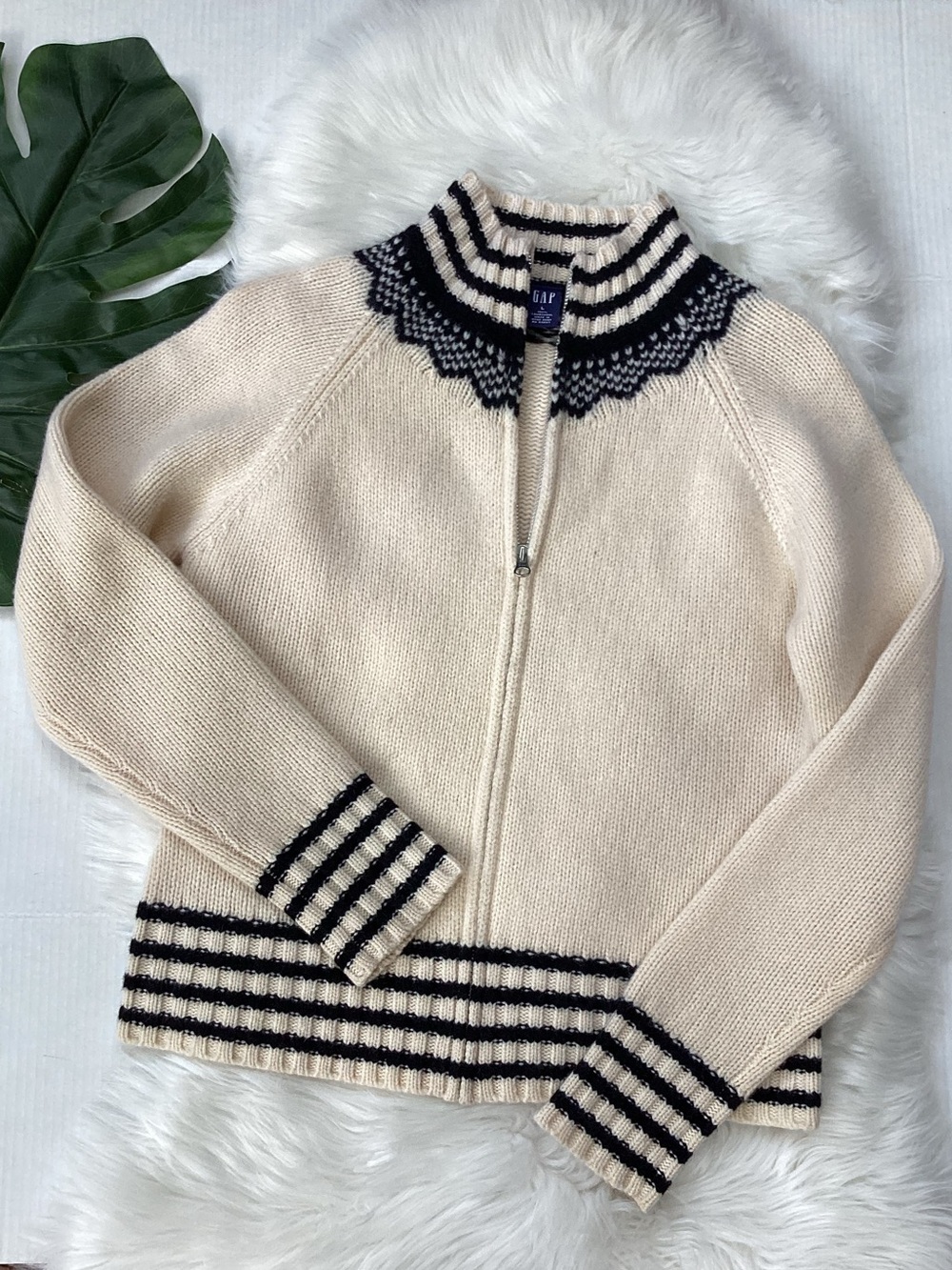🎄Vintage 100% Lambswool Full Zip Fair Isle Cardigan Cream & Black GAP L 🐑